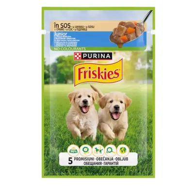FRISKIES Junior, XS-XL, Pui și Morcov, plic hrană umedă câini junior, (în sos), 85g