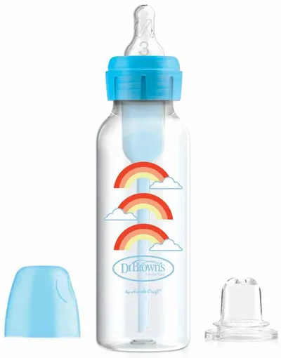Biberon de tranziție Dr. Brown's Options+ - Narrow, 250 ml, Albastru cu curcubee