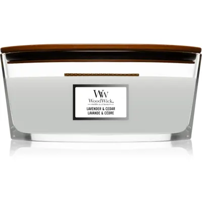 Woodwick Lavender & Cedar lumânare parfumată cu fitil din lemn (hearthwick) 453.6 g