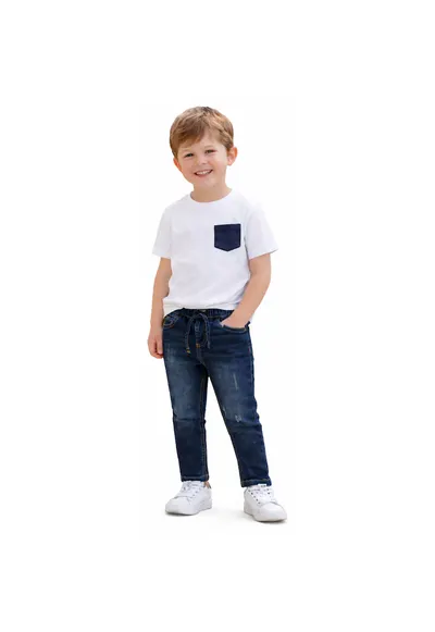 Blugi baieti iDO din bumbac elastic talie ajustabila cu snur albastru inchis