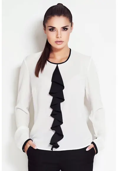Bluza dama - Poliester - Ecru/Negru - cu maneca lunga