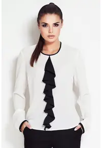 Bluza dama - Poliester - Ecru/Negru - cu maneca lunga
