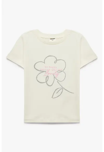 Tricou de bumbac cu imprimeu text si floare - Bej deschis