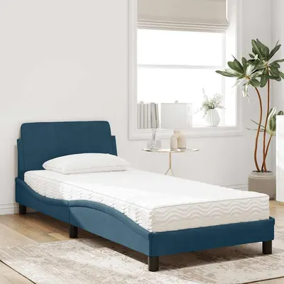 vidaXL Pat cu saltea, Dover, albastru, 90x200 cm, catifea