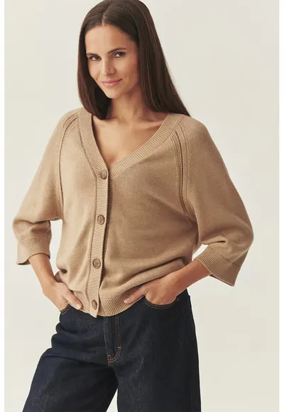 Cardigan cu maneci trei sferturi - Bej inchis/Maro camel