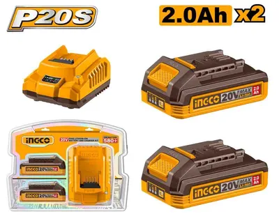 Set 2 acumulatori INGCO FBCPK2212E, 20V, Li-Ion, 2Ah, indicator LED, incarcator rapid inteligent 20V 2A, compatibil platforma P20S, ambalaj blister dublu