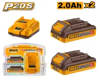 Set 2 acumulatori INGCO FBCPK2212E, 20V, Li-Ion, 2Ah, indicator LED, incarcator rapid inteligent 20V 2A, compatibil platforma P20S, ambalaj blister dublu