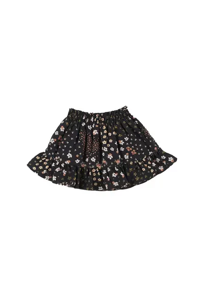 Fusta cu volan si imprimeu floral - Blossoms - Negru cu floricele - pentru fetite - Negru