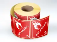 Etichete personalizate, INFLAMABIL, 100x100 mm, 1000 buc rola