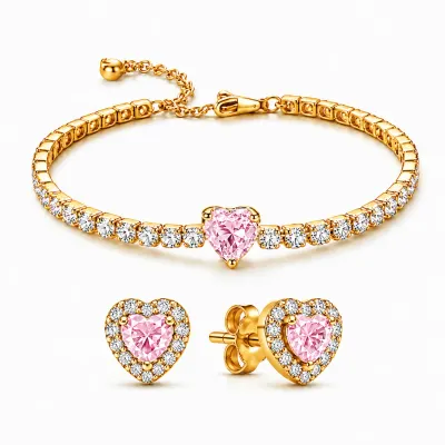 Set bijuterii Cercei si Bratara Pink Heart Cu Aur