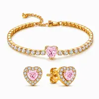 Set bijuterii Cercei si Bratara Pink Heart Cu Aur