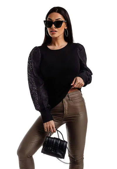 Bluza cu maneci cu broderie anglaise - Negru