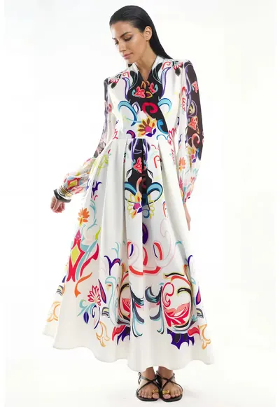 Rochie Maxi - Imprimeu Floral - Maneca lunga - Multicolor - Poliester cu Lycra