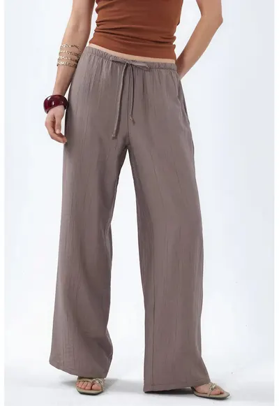 Pantaloni dama - picior larg - casual - maro nuc - poliester