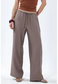 Pantaloni dama - picior larg - casual - maro nuc - poliester