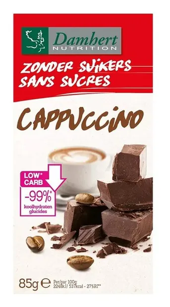 Ciocolată cu aromă de cappuccino, fără zahăr, 85 g, Damhert