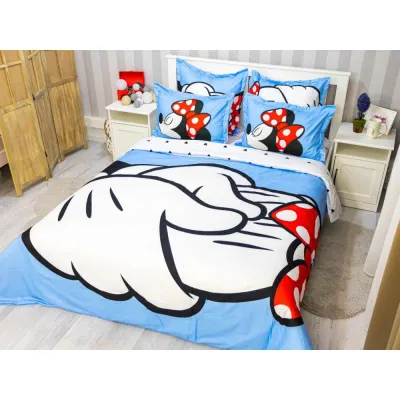 Lenjerie pat dublu, FINET, 6 piese, IDENTICA CU POZA, Alb, Bleu, Mickey si Minnie