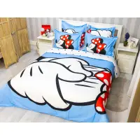 Lenjerie pat dublu, FINET, 6 piese, IDENTICA CU POZA, Alb, Bleu, Mickey si Minnie