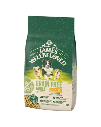 JAMES WELLBELOVED Adult 1,5 kg hrana uscata completa fara cereale pentru caini adulti 1-7 ani bogata in curcan si legume