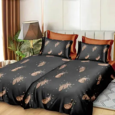 Lenjerie de Pat, 7 Piese, Bumbac Satinat Superior, cu 2 Pilote, Negru, pene