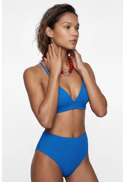 Sutien de baie cu cupe triunghiulare si model texturat - Albastru