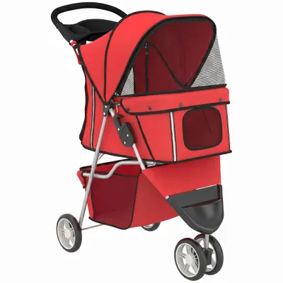 PawHut Cărucior Pliabil pentru Câini Mici, cu Suport pentru Pahar și Coș de Depozitare, până la 10 kg, Roșu | Aosom Romania