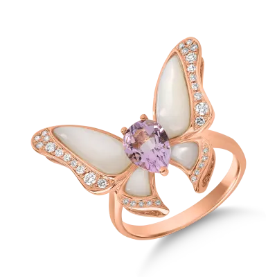 Inel cu fluture din aur roz cu pietre pretioase si semipretioase de 4.2ct