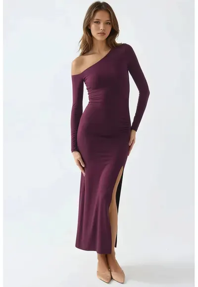 Rochie lunga guler asimetric - mov pruna - jerseu