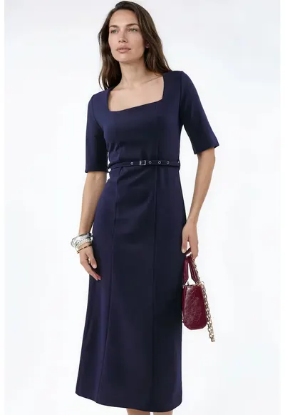 Rochie Midi Casual - Albastru Marin - cu guler patrat si curea - poliester/elastan