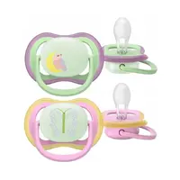 Set 2 suzete, Philips Avent, Colectia Ultra Air, Ortodontice, Fara BPA, Cu orificii mari de aerisire, 6-18 luni, Pentru noapte, Fosforescente, Cu Model, Verde/Roz
