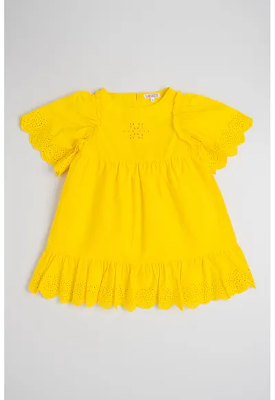 Rochie evazata cu detalii perforate - Galben pai