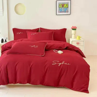 Lenjerie pat dublu, Finet Soft Touch cu Broderie, 6 piese, Rosu