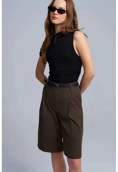 Pantaloni scurti - talie inalta - picior larg - verde masliniu - poliester - viscoza - elastan