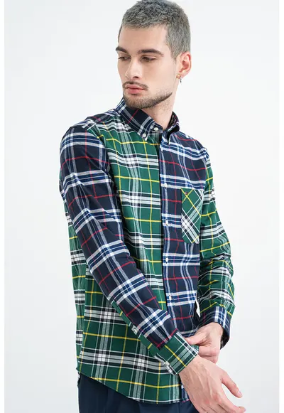 Camasa din bumbac cu model in carouri - Alb/Galben/Verde inchis