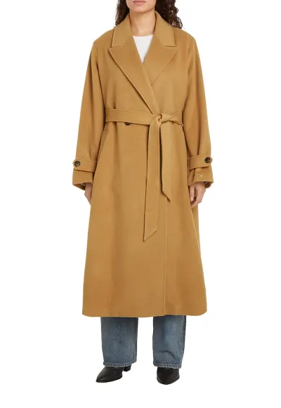 Palton din amestec de lana cu cordon in talie - Maro camel