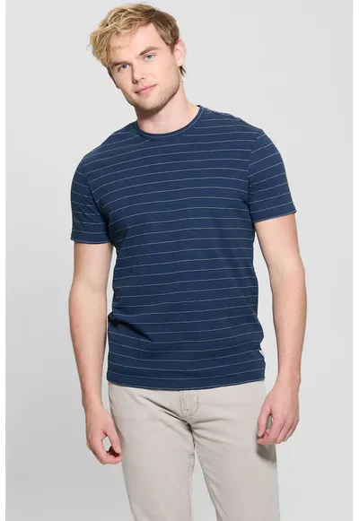 Tricou cu dungi si decolteu la baza gatului - Albastru inchis/Alb murdar
