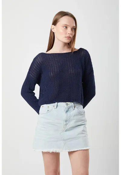 Pulover dama - crop - tricot - bleumarin - One Size