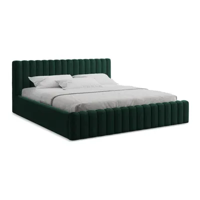 Pat matrimonial verde închis tapițat cu spațiu de depozitare cu somieră 140x200 cm Lemi – Makamii