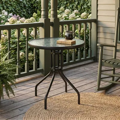 Masă rotundă Jumi, cu blat din sticlă, pentru curte, gradină, terasă sau balcon, diametru 60 cm