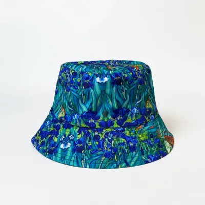 Palarie tip bucket unisex cu doua fete cu reproducere dupa pictura Irisi a lui Van Gogh