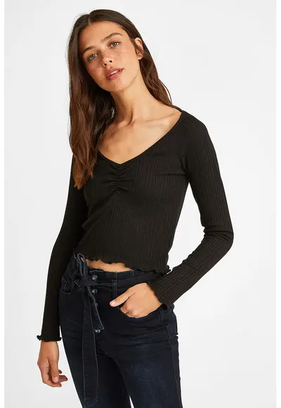 Pulover crop tricotat fin - Negru