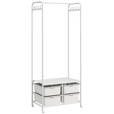 HOMCOM Suport Cuier cu Rafturi pentru Pantofi și 4 Coșuri, Cuier Intrare din Oțel și Plastic, 8 Agățători, 63x37x153 cm, Alb | Aosom Romania