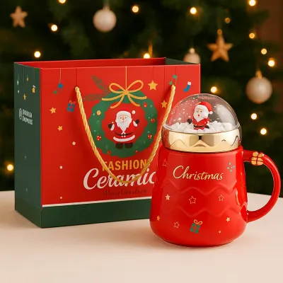 Cana ceramica cadou cu tematica de Craciun, Snow-globe, Capac & maner, Rosu - Default Title