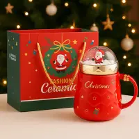 Cana ceramica cadou cu tematica de Craciun, Snow-globe, Capac & maner, Rosu - Default Title