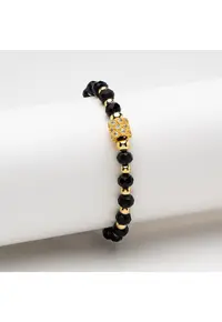Bratara handmade cu cristale negre si pandantiv auriu - reglabil