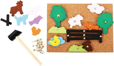 Joc creativ Bigjigs - Ferma, cu placa de pluta si ciocan