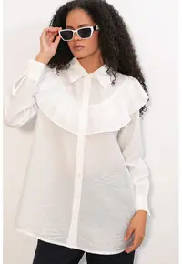 Camasa lunga detalii cu volane - alb - viscoza si nailon - stil casual