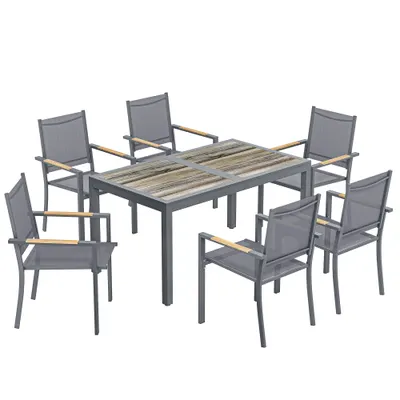 Outsunny Set Mobilier de Grădină 7 Piese Masă Aspect Lemn 6 Scaune Suprapuse din Textilenă 140x80x72cm Gri | Aosom Romania