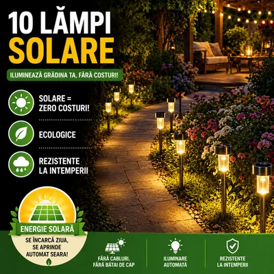Set 10 lampi solare de gradina, iluminare LED, IP44 pentru alei, terase, spatii exterioare, lumina calda, 37 x 5.5 cm, Negru/ Alb