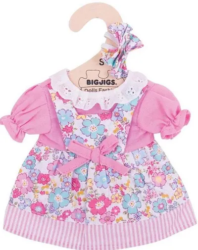 Hainuta pentru papusa Bigjigs - Rochie colorata cu accesorii pentru par, 25 cm